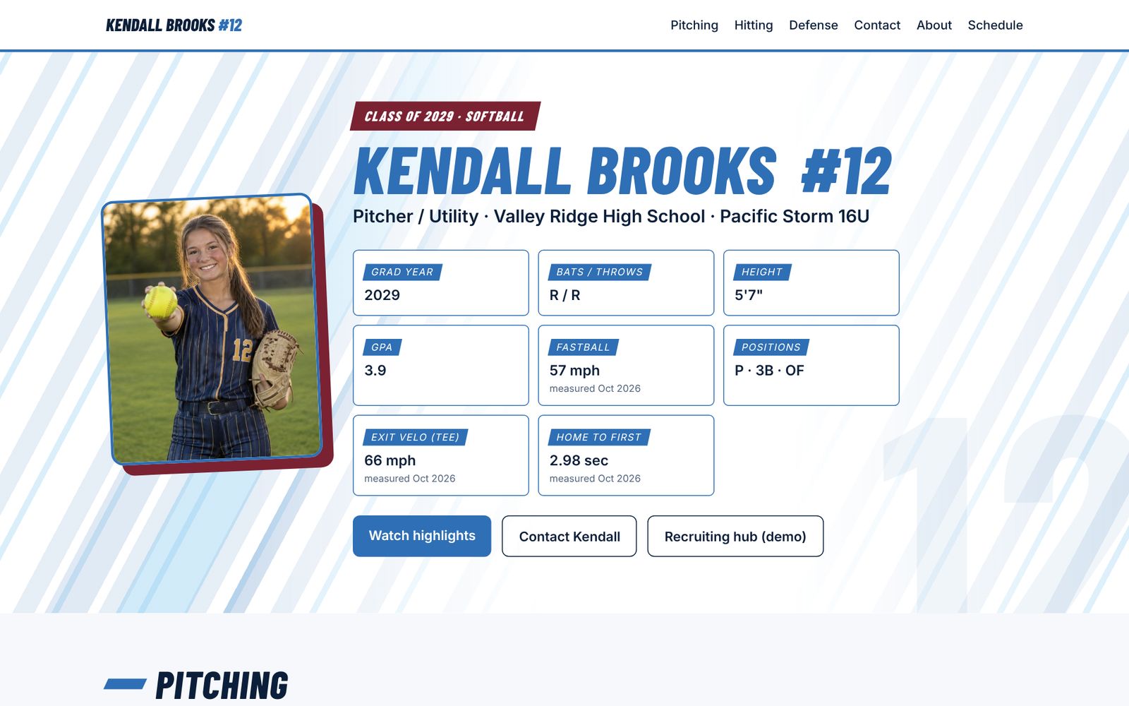 Demo recruiting site with photo, grad year, GPA, positions and fastball speed