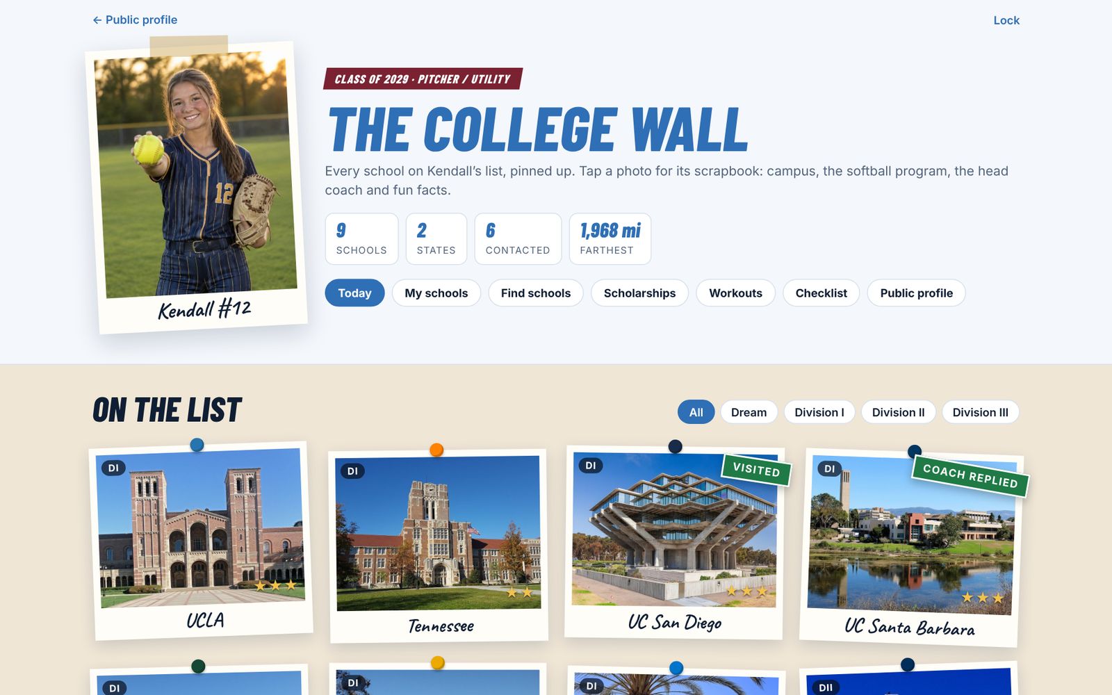 Demo college wall with campus photos of every school on the list