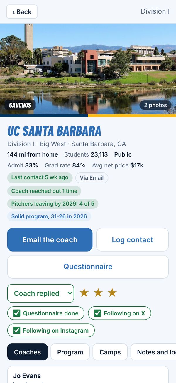 A school page with coaches and contact log